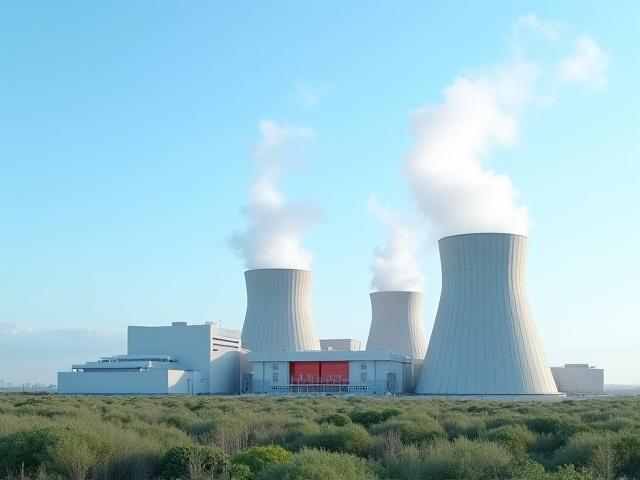 Moderne Geothermieanlage vor einem klaren Himmel, mit Dampf aus Kühltürmen